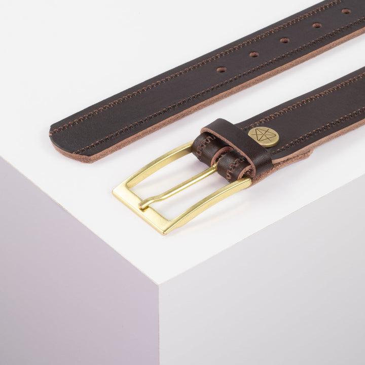 Ledergürtel 3,5cm mit Schnalle Verona gold dunkelbraun Reißverschluss