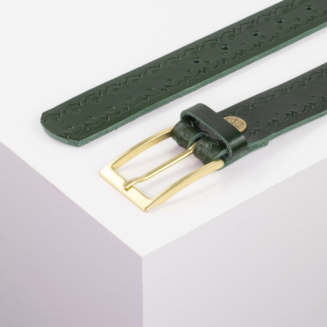 Ledergürtel 3,5cm mit Schnalle Verona gold grün Lochwelle