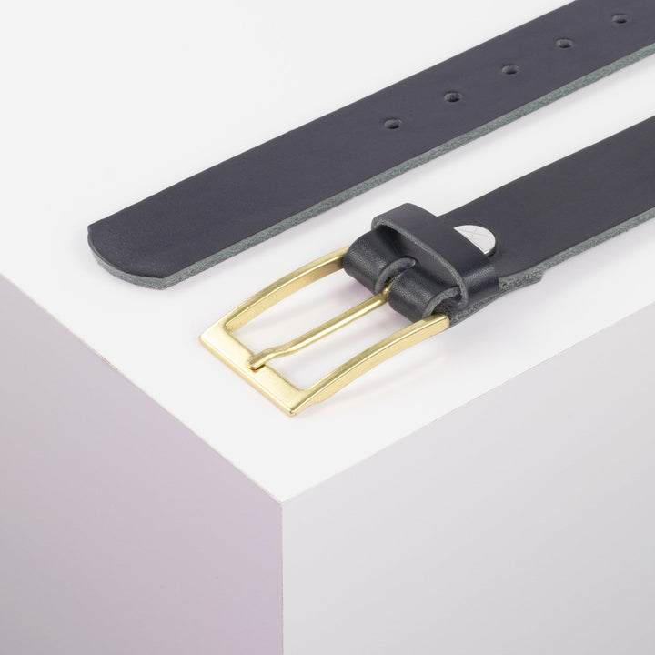 Ledergürtel 3,5cm mit Schnalle Verona gold navi ohne Muster