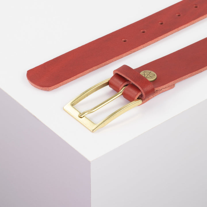 Ledergürtel 3,5cm mit Schnalle Verona gold rot ohne Muster