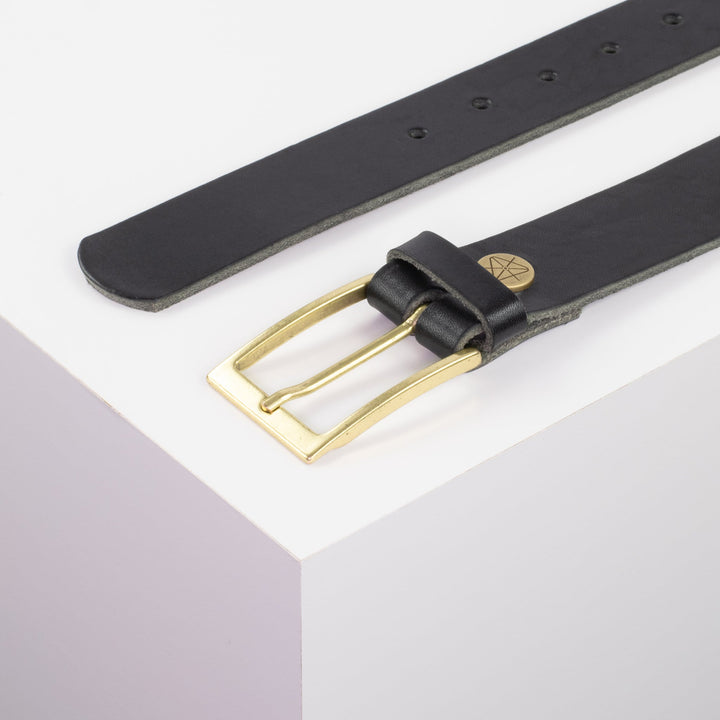 Ledergürtel 3,5cm mit Schnalle Verona gold schwarz ohne Muster