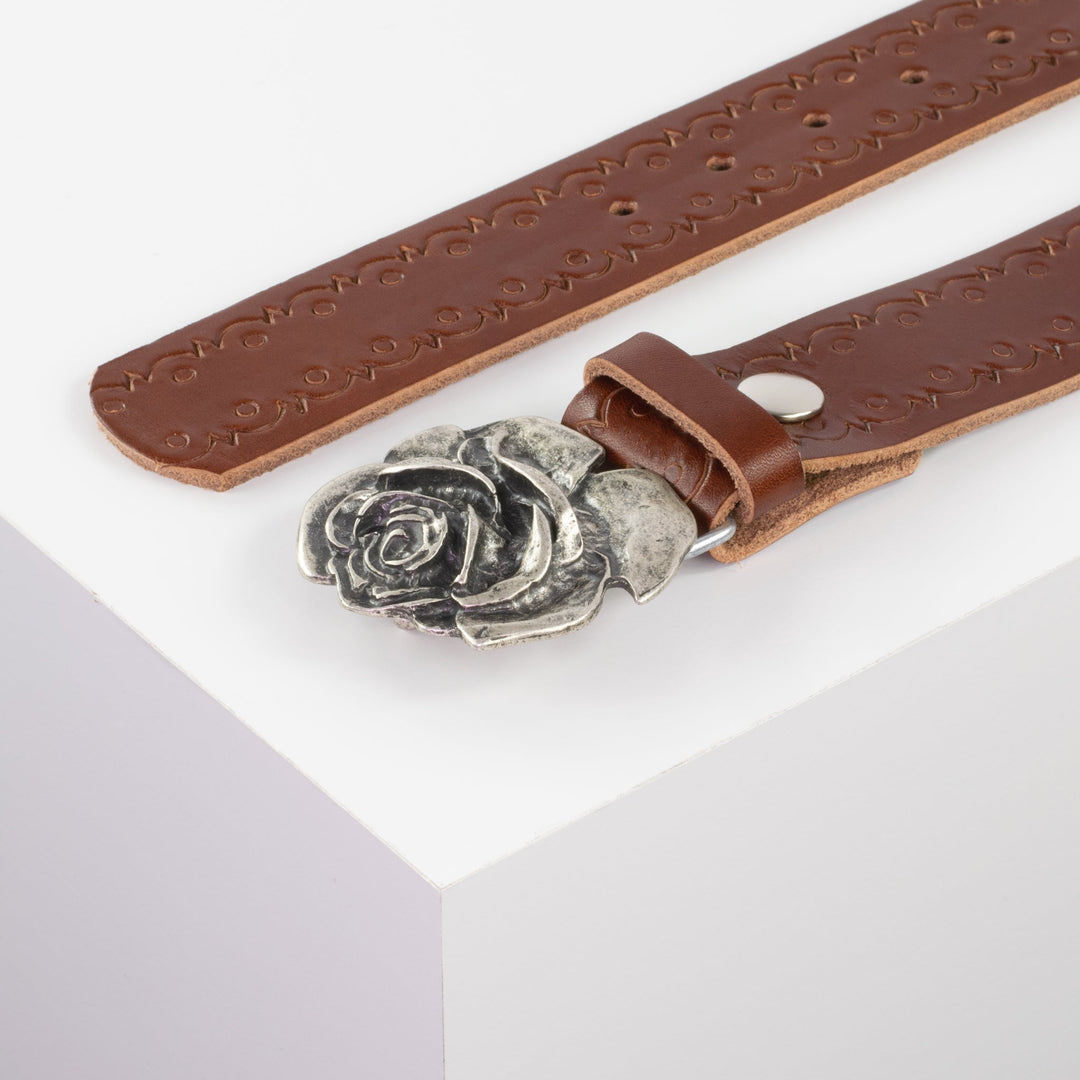 Ledergürtel 4cm mit Schnalle Rose cognac Lochwelle