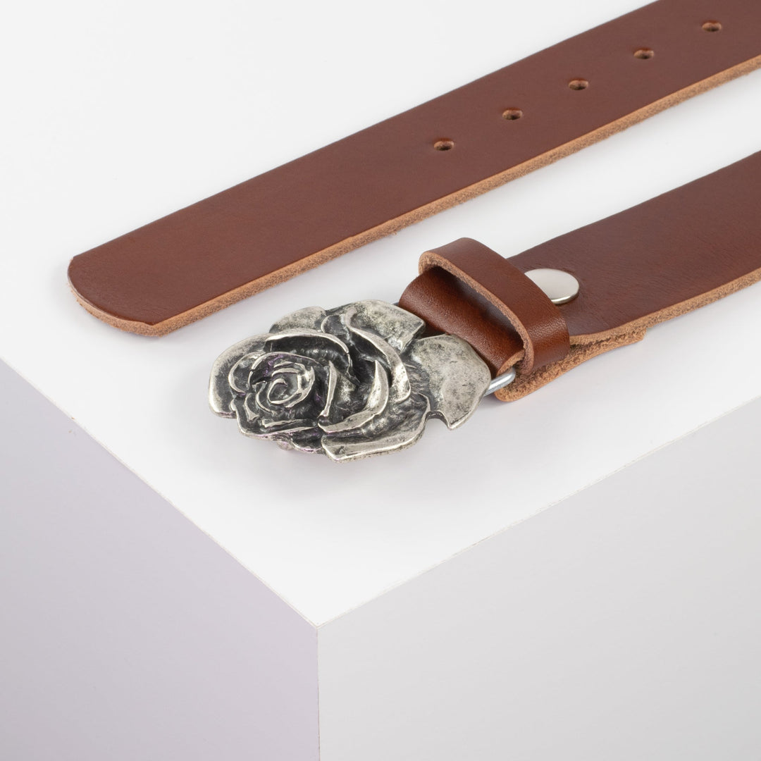 Ledergürtel 4cm mit Schnalle Rose cognac ohne Muster