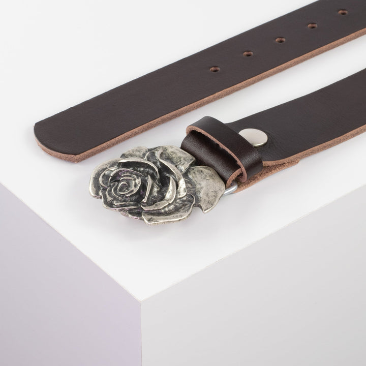 Ledergürtel 4cm mit Schnalle Rose dunkelbraun ohne Muster