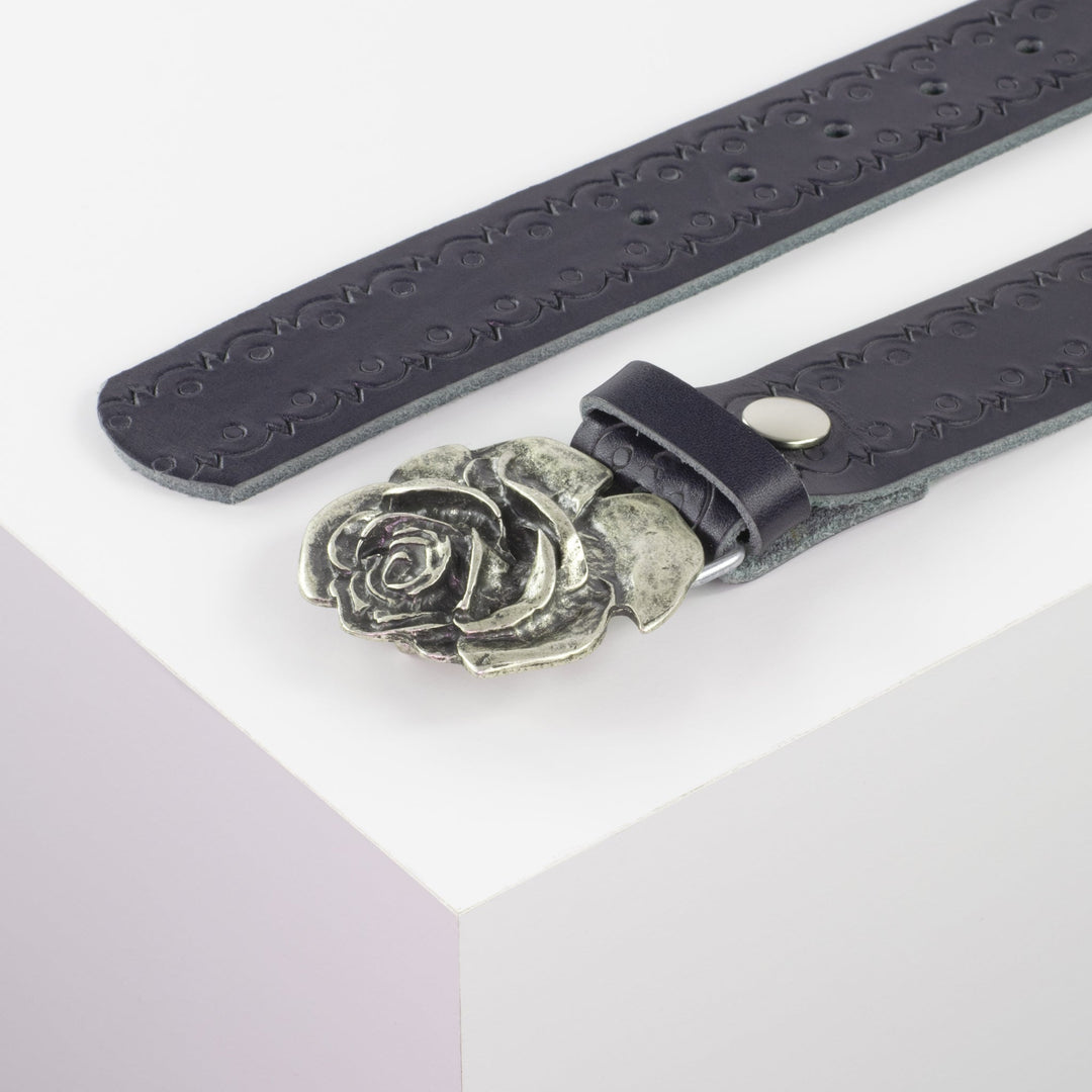 Ledergürtel 4cm mit Schnalle Rose navi Lochwelle