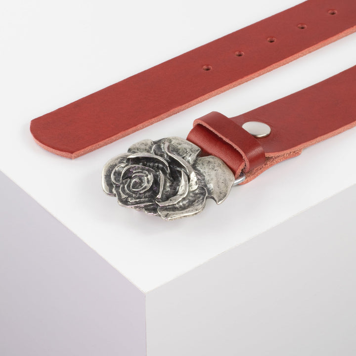 Ledergürtel 4cm mit Schnalle Rose rot ohne Muster