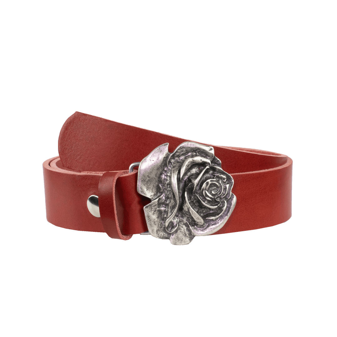 Ledergürtel 4cm mit Schnalle Rose rot ohne Muster
