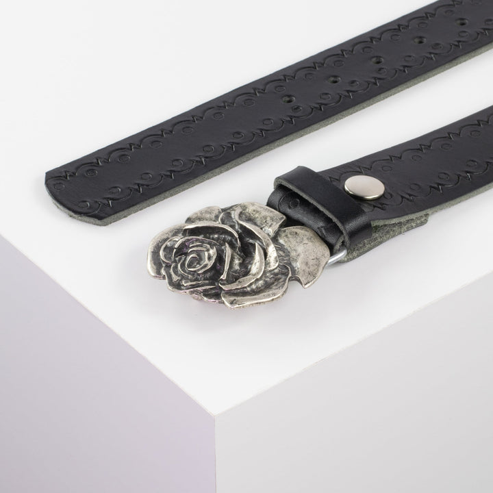 Ledergürtel 4cm mit Schnalle Rose schwarz Lochwelle