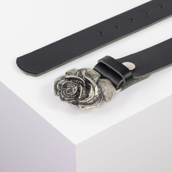 Ledergürtel 4cm mit Schnalle Rose schwarz ohne Muster
