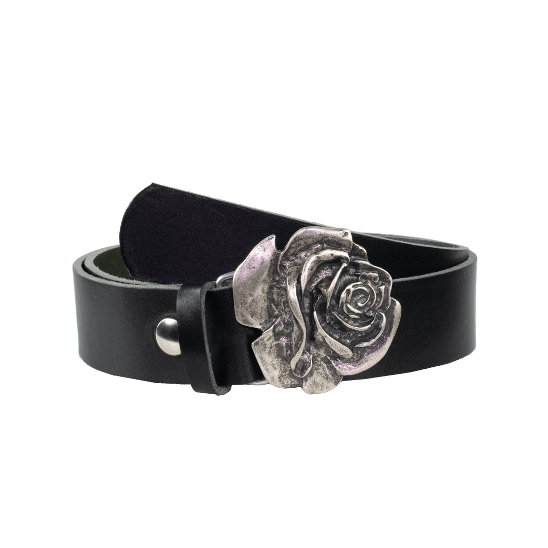 Ledergürtel 4cm mit Schnalle Rose schwarz ohne Muster