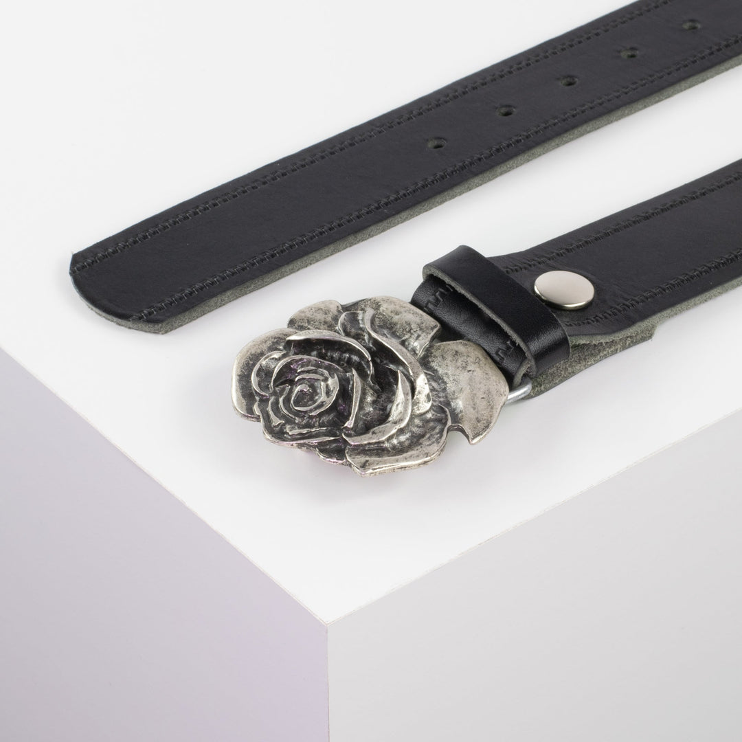 Ledergürtel 4cm mit Schnalle Rose schwarz Reißverschluss