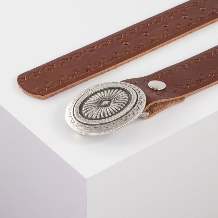 Ledergürtel 4cm mit Schnalle Floral silber cognac Lochwelle