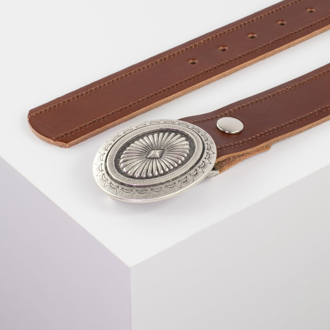 Ledergürtel 4cm mit Schnalle Floral silber cognac Reißverschluss