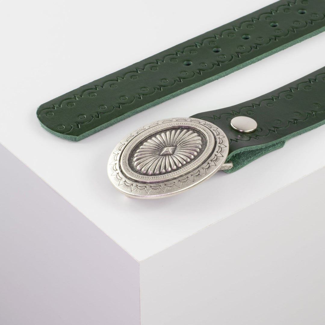 Ledergürtel 4cm mit Schnalle Floral silber grün Lochwelle