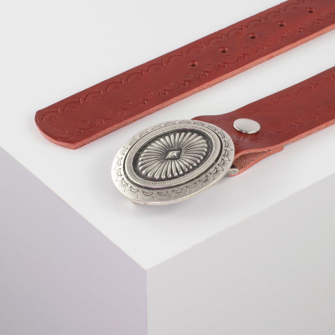 Ledergürtel 4cm mit Schnalle Floral silber rot Lochwelle