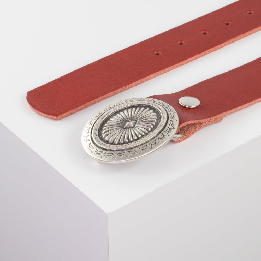 Ledergürtel 4cm mit Schnalle Floral silber rot ohne Muster
