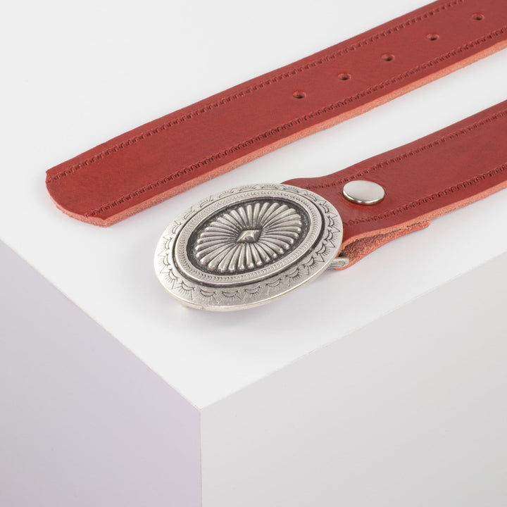 Ledergürtel 4cm mit Schnalle Floral silber rot Reißverschluss