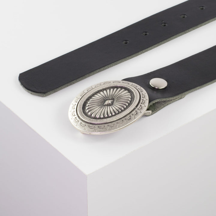 Ledergürtel 4cm mit Schnalle Floral silber schwarz ohne Muster