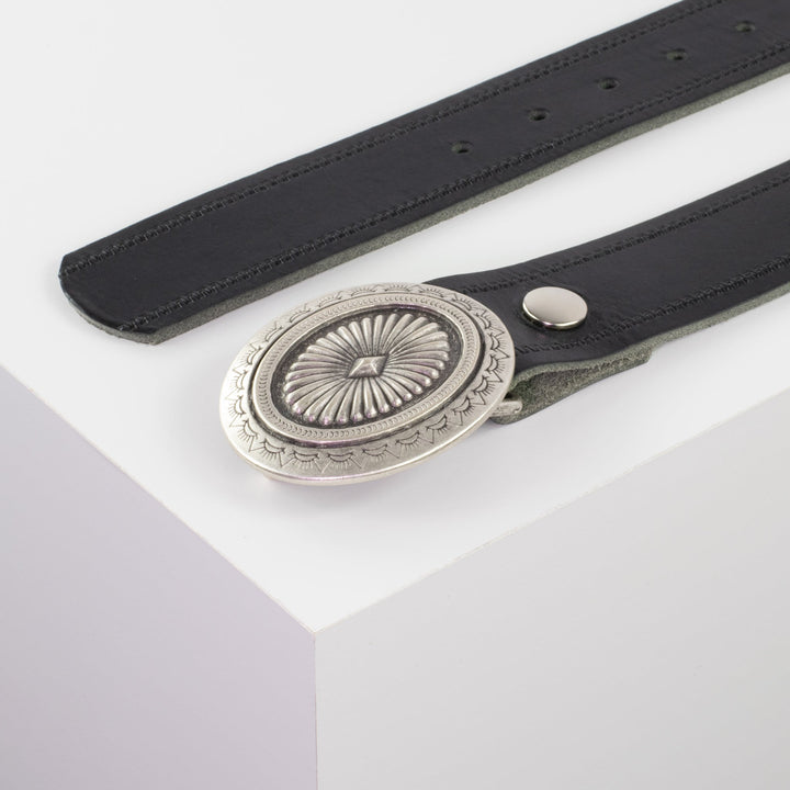 Ledergürtel 4cm mit Schnalle Floral silber schwarz Reißverschluss