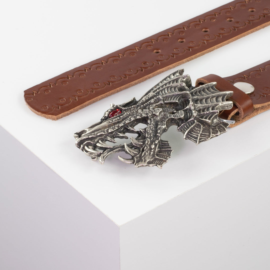 Ledergürtel 4cm mit Schnalle Drache cognac Lochwelle