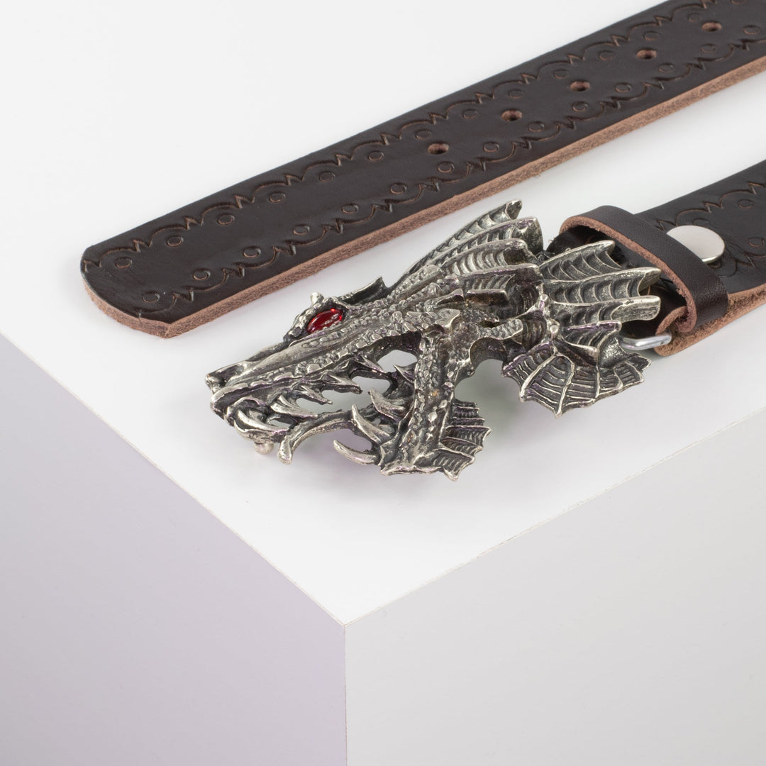 Ledergürtel 4cm mit Schnalle Drache dunkelbraun Lochwelle