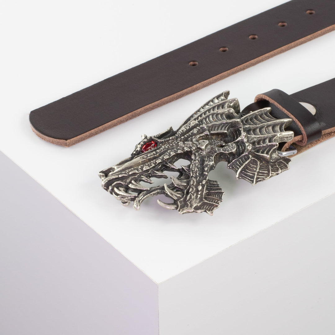 Ledergürtel 4cm mit Schnalle Drache dunkelbraun ohne Muster