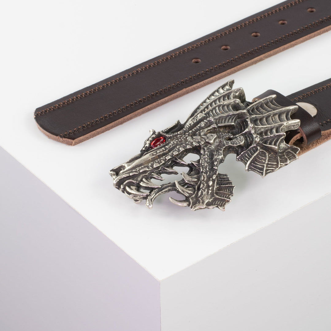 Ledergürtel 4cm mit Schnalle Drache dunkelbraun Reißverschluss