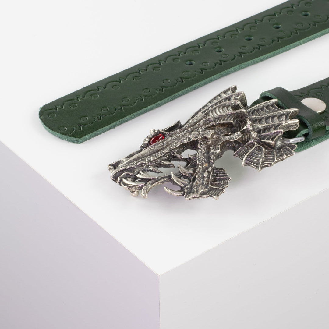 Ledergürtel 4cm mit Schnalle Drache grün Lochwelle