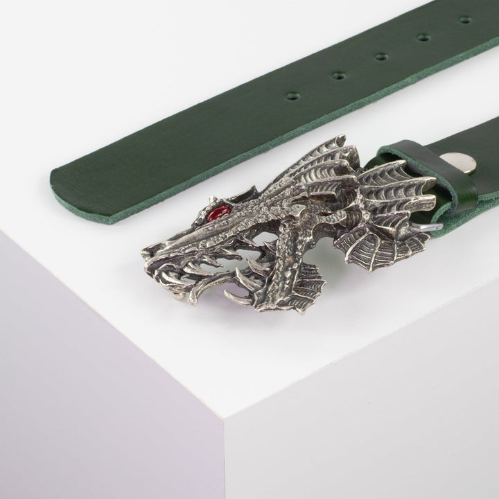 Ledergürtel 4cm mit Schnalle Drache grün ohne Muster