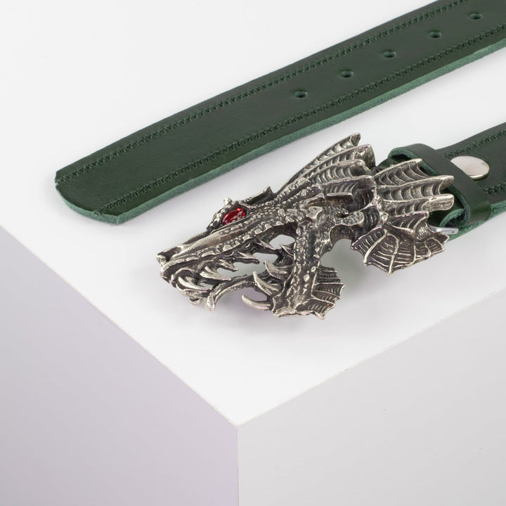 Ledergürtel 4cm mit Schnalle Drache grün Reißverschluss