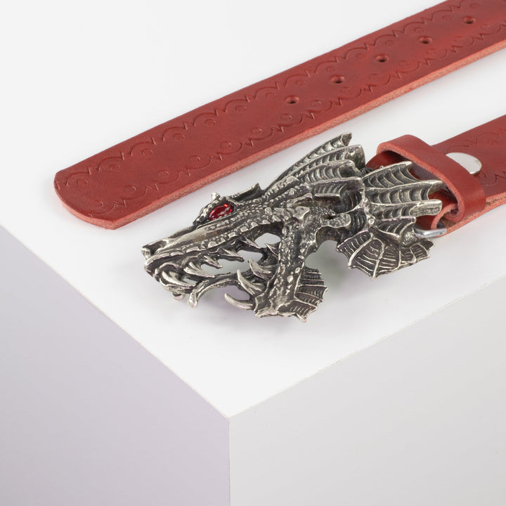 Ledergürtel 4cm mit Schnalle Drache rot Lochwelle