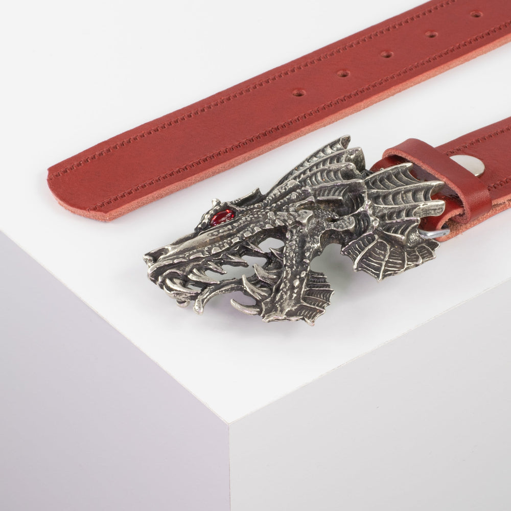 Ledergürtel 4cm mit Schnalle Drache rot Reißverschluss