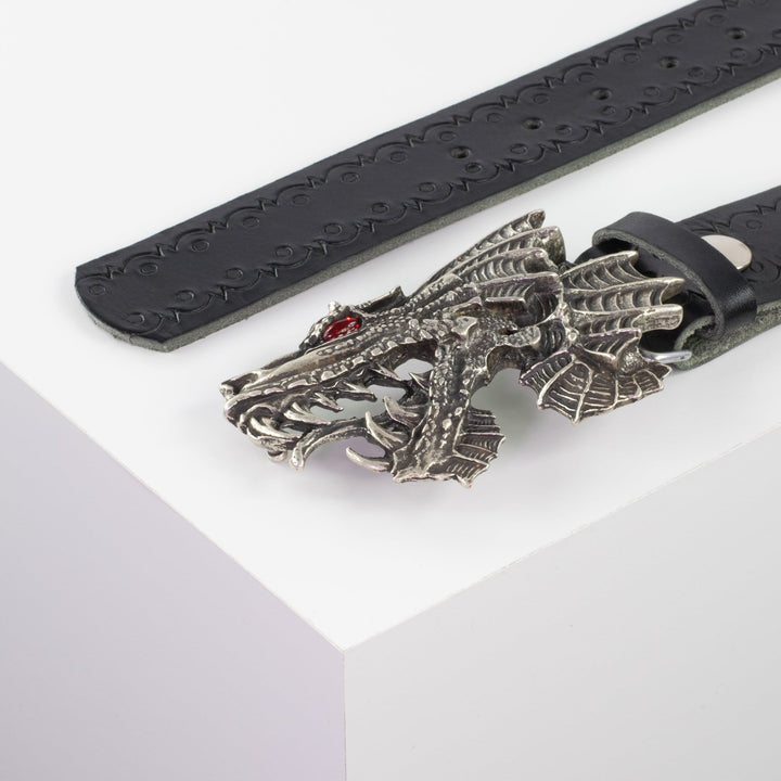Ledergürtel 4cm mit Schnalle Drache schwarz Lochwelle