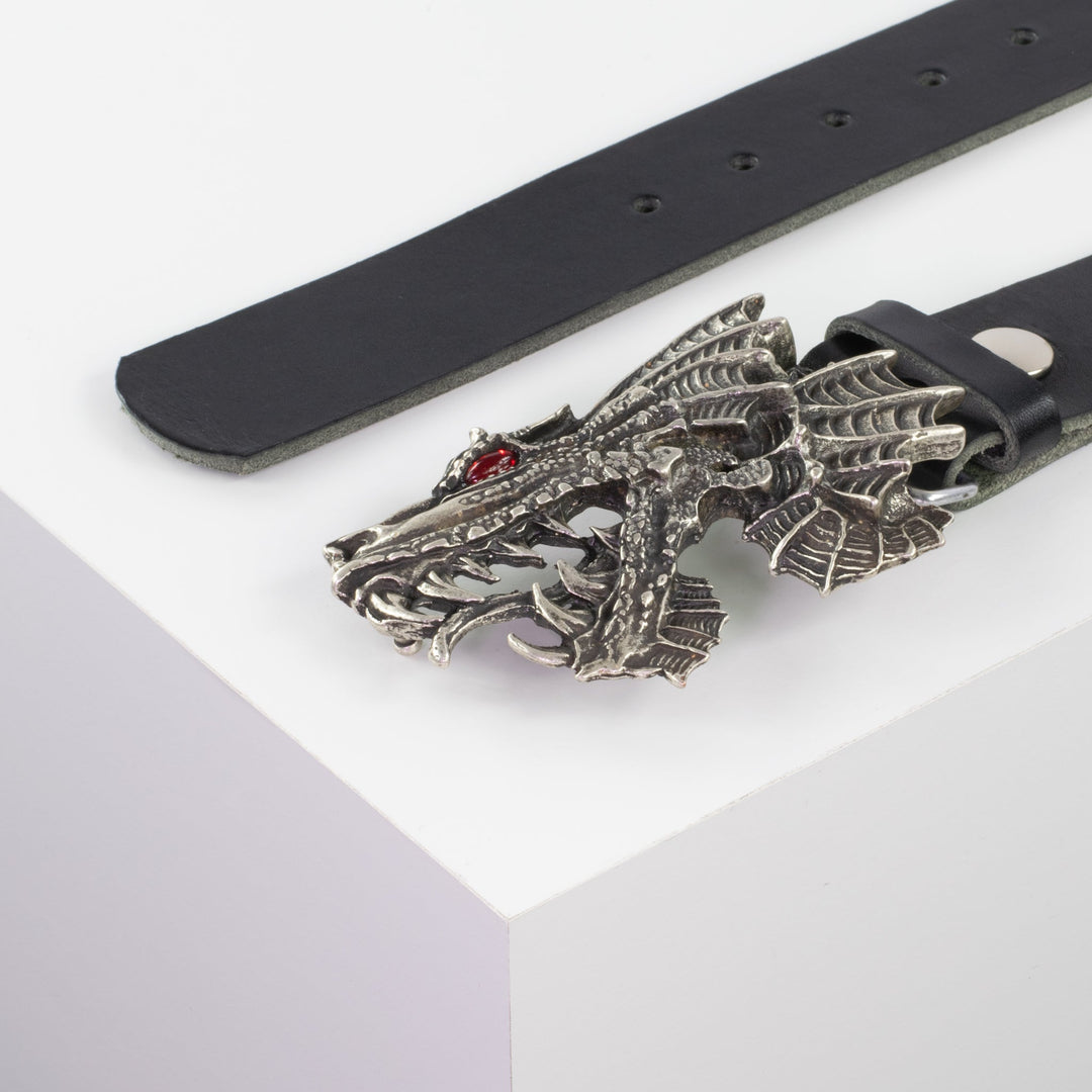 Ledergürtel 4cm mit Schnalle Drache schwarz ohne Muster