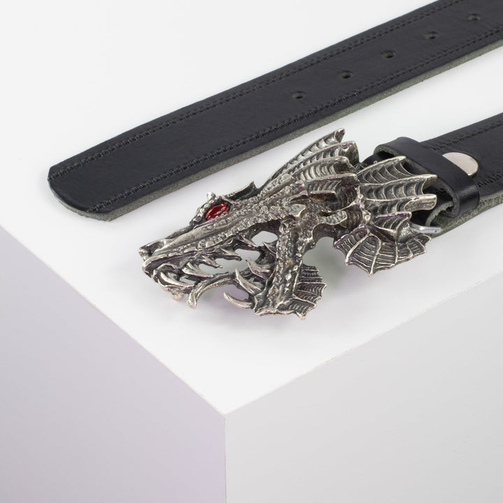 Ledergürtel 4cm mit Schnalle Drache schwarz Reißverschluss