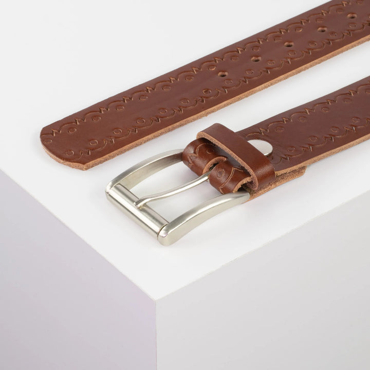 Ledergürtel 4cm mit Schnalle Amsterdam silber glänzend cognac Lochwelle