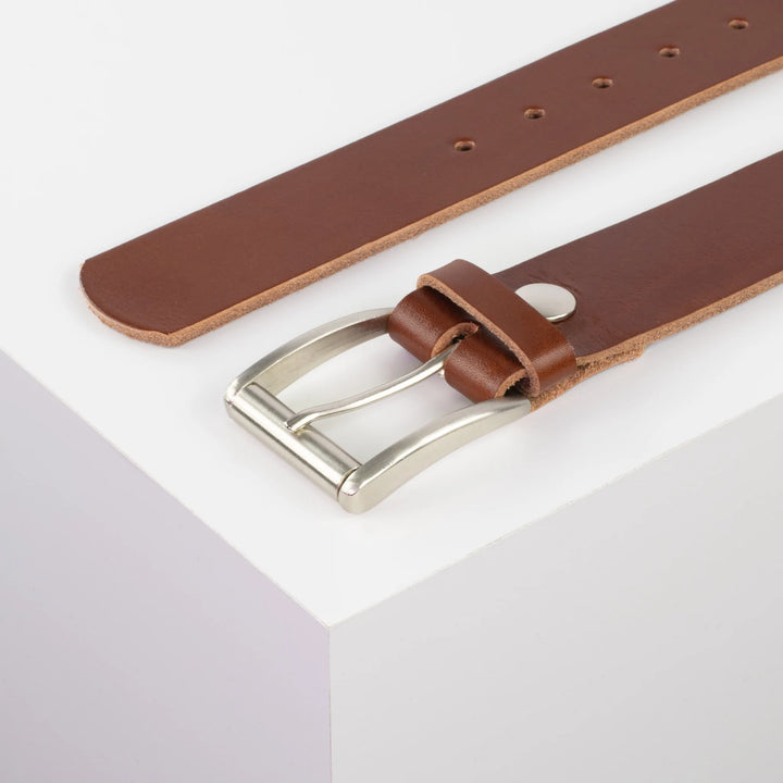 Ledergürtel 4cm mit Schnalle Amsterdam silber glänzend cognac ohne Muster