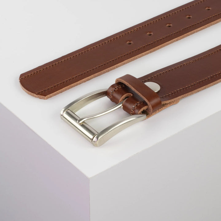 Ledergürtel 4cm mit Schnalle Amsterdam silber glänzend cognac Reißverschluss