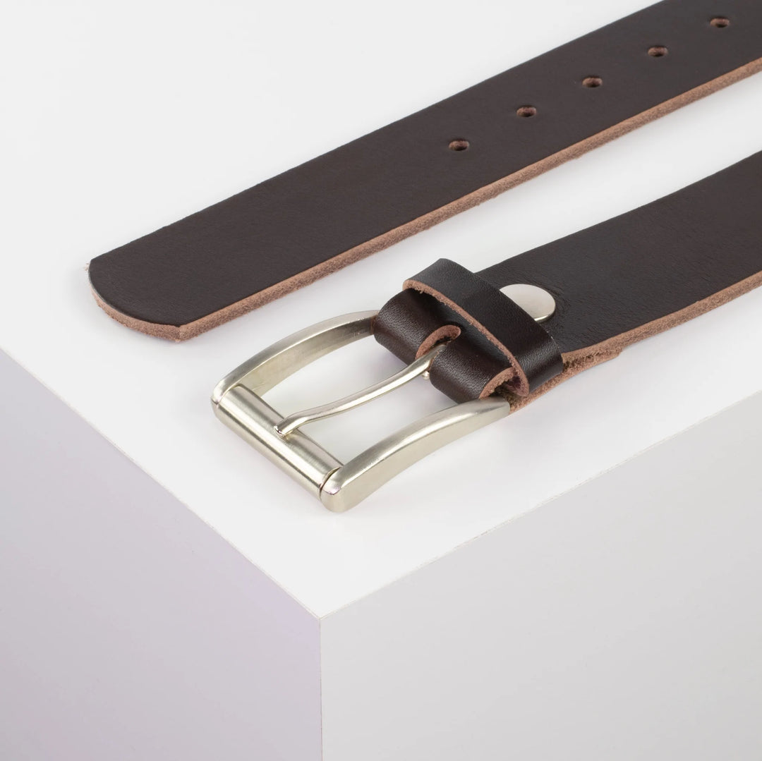 Ledergürtel 4cm mit Schnalle Amsterdam silber glänzend dunkelbraun ohne Muster