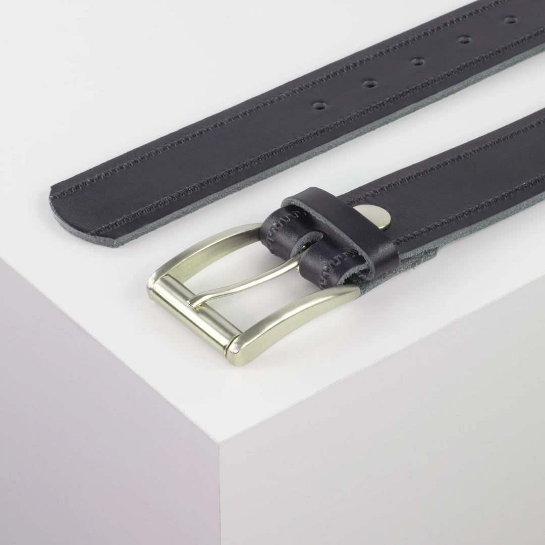 Ledergürtel 4cm mit Schnalle Amsterdam silber glänzend navi Reißverschluss