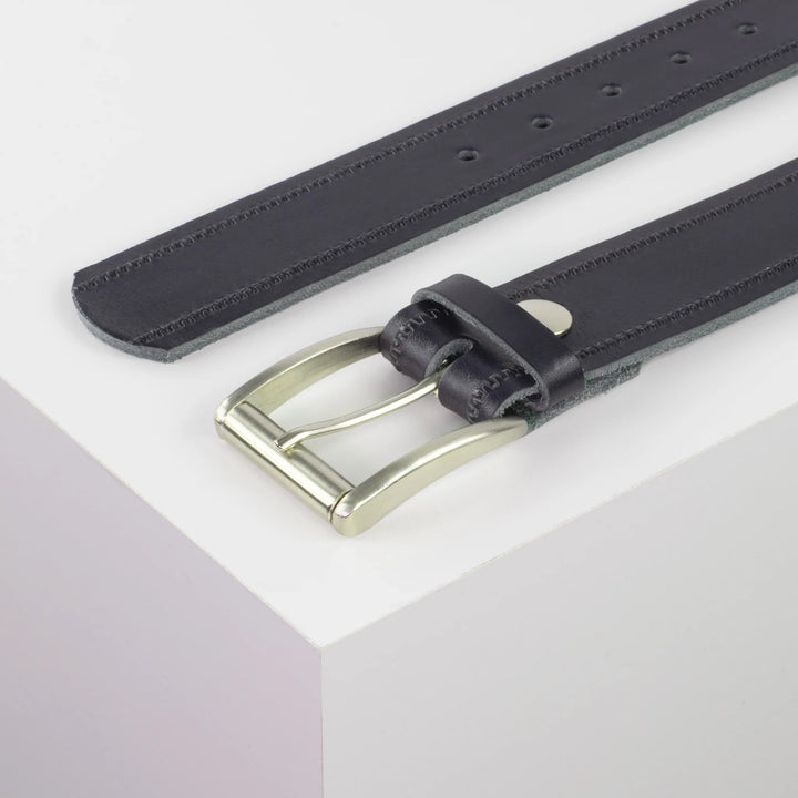 Ledergürtel 4cm mit Schnalle Amsterdam silber glänzend navi Reißverschluss
