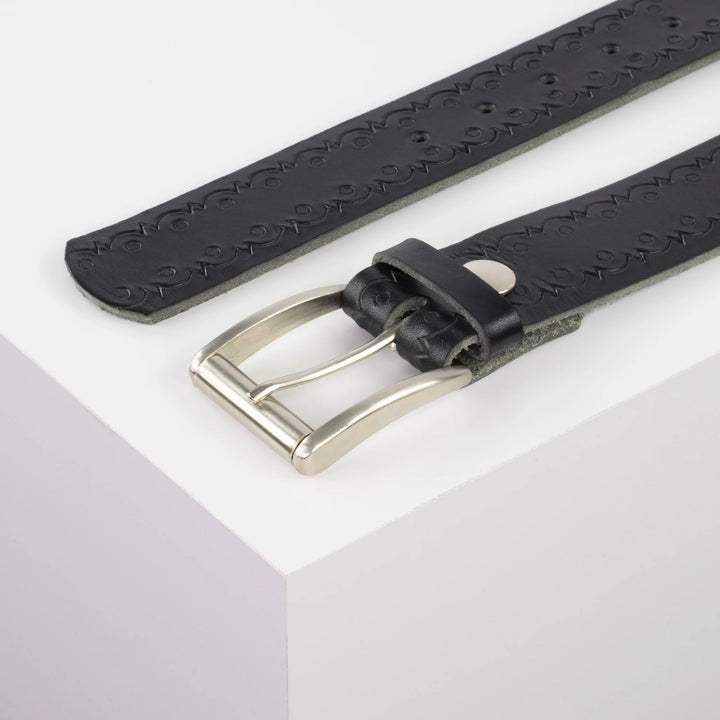 Ledergürtel 4cm mit Schnalle Amsterdam silber glänzend schwarz Lochwelle