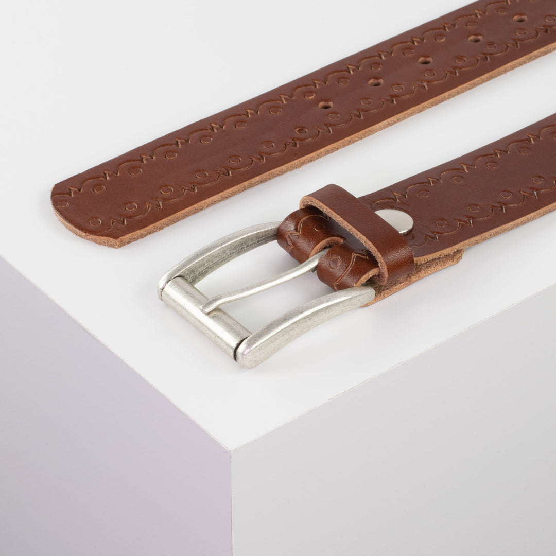 Ledergürtel 4cm mit Schnalle Amsterdam silber matt cognac Lochwelle