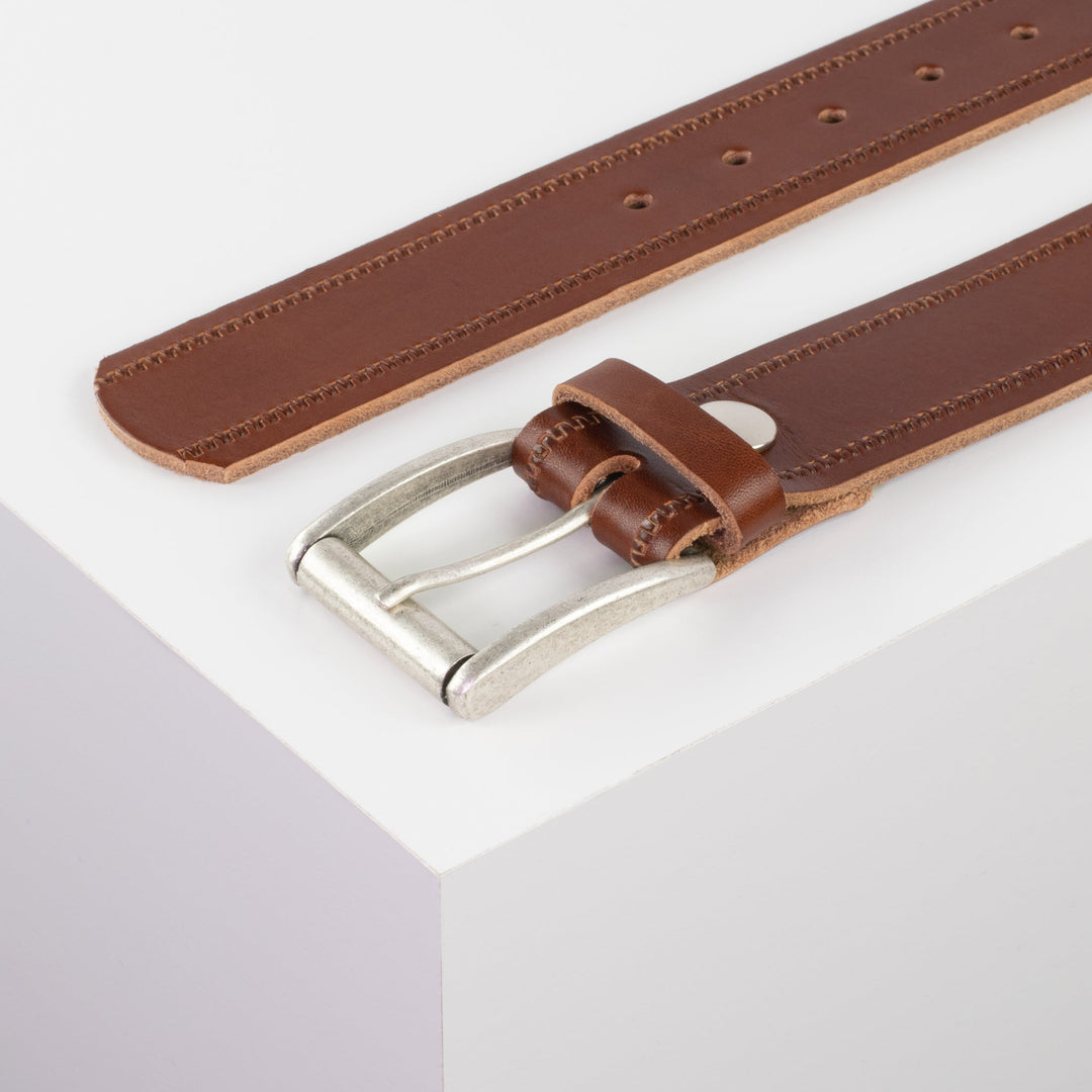 Ledergürtel 4cm mit Schnalle Amsterdam silber matt cognac Reißverschluss