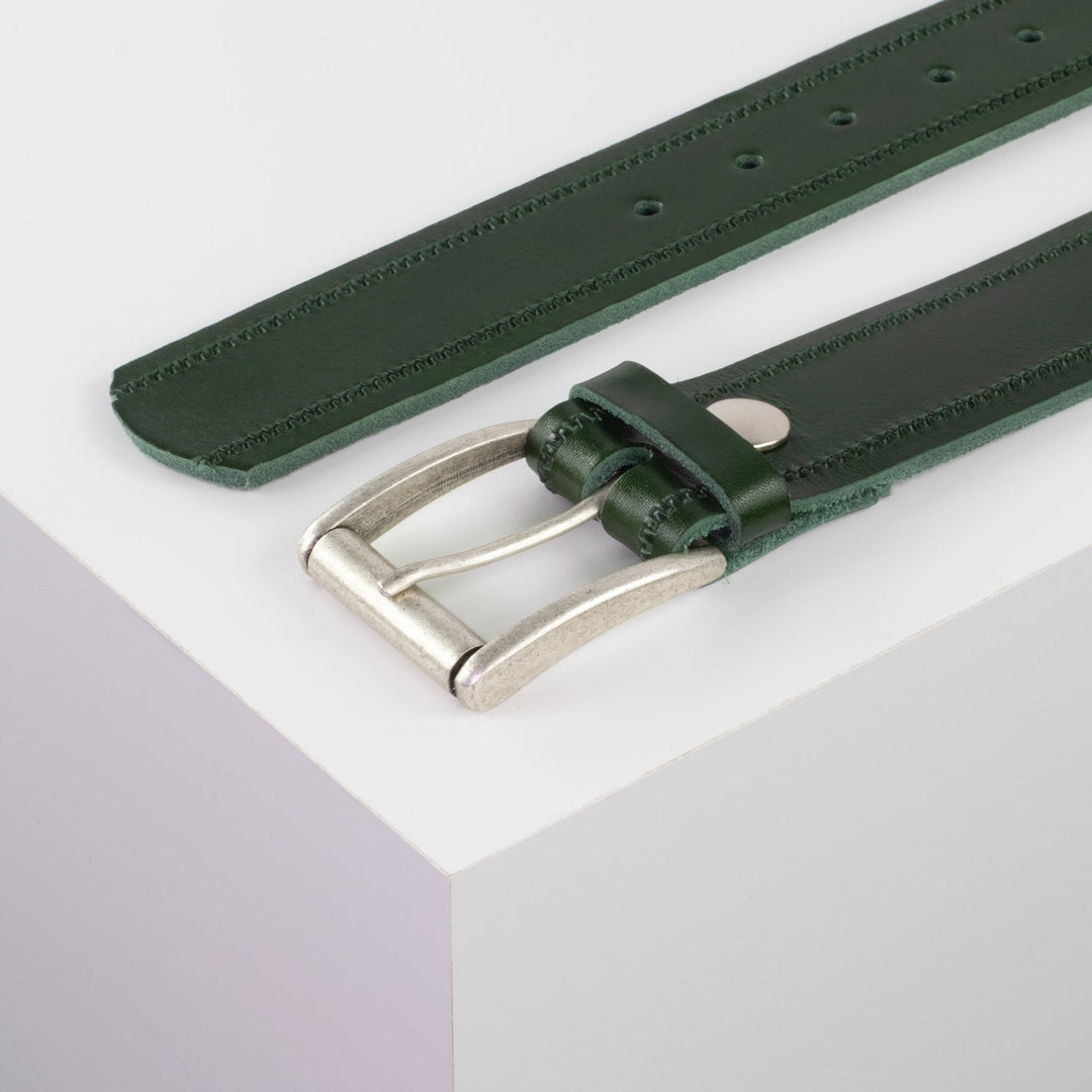 Ledergürtel 4cm mit Schnalle Amsterdam silber matt grün Reißverschluss