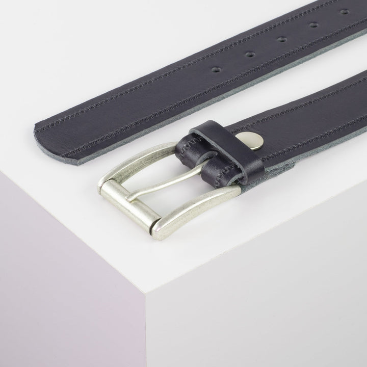 Ledergürtel 4cm mit Schnalle Amsterdam silber matt navi Reißverschluss
