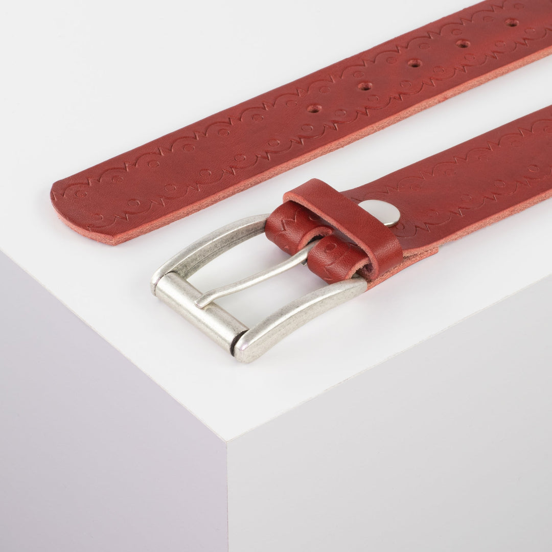 Ledergürtel 4cm mit Schnalle Amsterdam silber matt rot Lochwelle